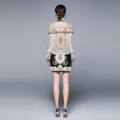 Conjunto de Dos Piezas: Blusa de Gasa con Cuello Mao y Estampado de Moño + Falda - Image 6