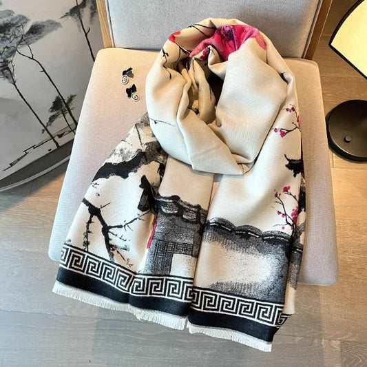 Chal Estético de Pintura China - Bufanda Cálida para Otoño e Invierno