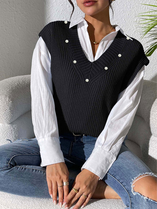 Chaleco Tejido con Perlas en Escote V - Elegancia Minimalista - Image 18
