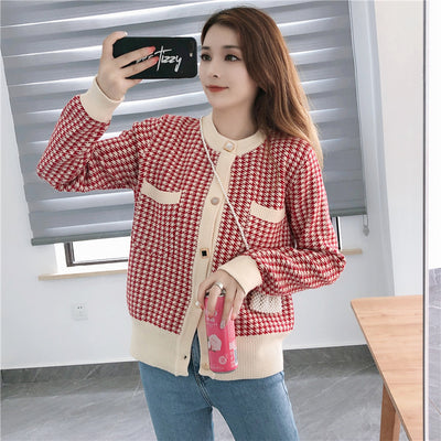 Cardigan Houndstooth Coreano Suelto Cuello Redondo Aroma Delicado