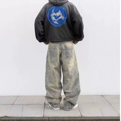 Pantalones Jeans Anchos Rotos Teñidos a Mano para Hombre - Image 3