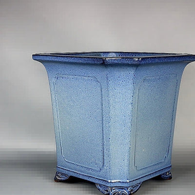 Maceta Bonsái Artesanal Azul Claro Esmaltada Forma Tubo Antiguo - Image 4