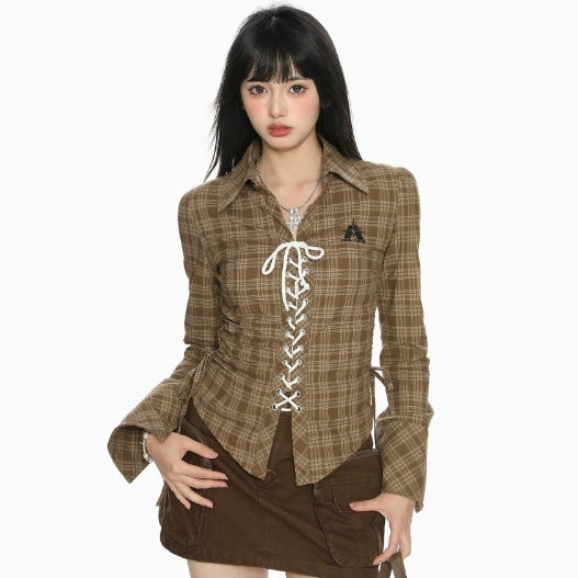 Camisa Cuadriculada con Cordones y Encaje para Mujer