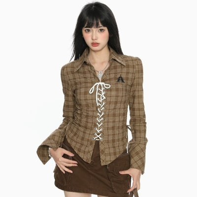 Camisa Cuadriculada con Cordones y Encaje para Mujer