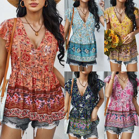Blusa Bohemia de Verano para Mujer - Camiseta Manga Corta