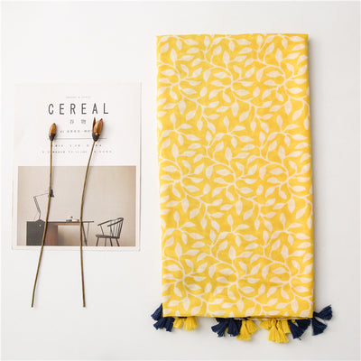 Chal Foulard de Algodón y Lino con Estampado de Hojas de Uva y Borlas - Image 11