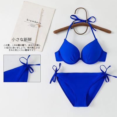 Vibrant blue push-up halter bikini swimsuit with tie-side bottoms, perfect for beach vacations. - Image 11