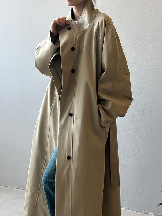 Abrigo Trinchera Largo Mujer Cuello Alzado Oversized Abotonado Simple - Image 18