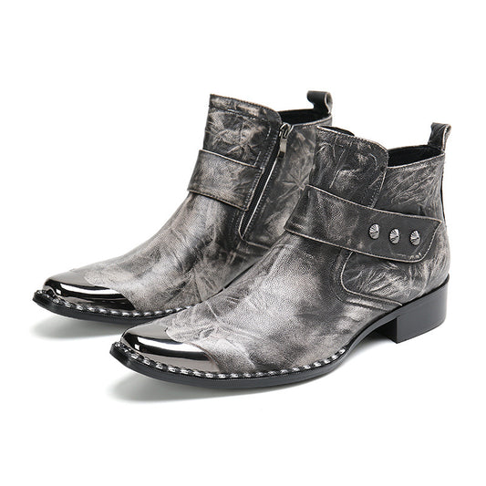 Botas de Motociclista Grises con Tacón Robusto y Cordones de Cuero Genuino