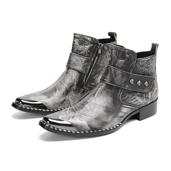 Botas de Motociclista Grises con Tacón Robusto y Cordones de Cuero Genuino