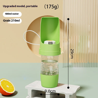 White 2-in-1 travel dog water bottle and food dispenser with a clear compartment and gray lanyard for pets. - Image 13