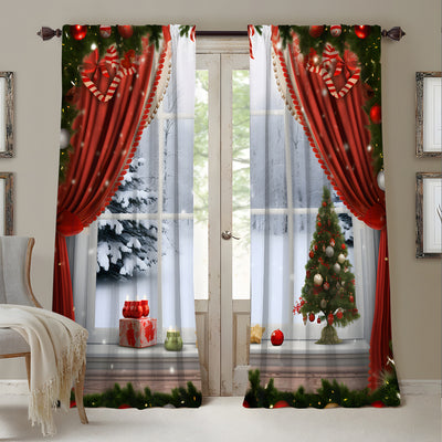 Pair of Christmas curtains with a 3D digital print of a snowy winter window scene, frosted trees, and snowflakes. - Image 4