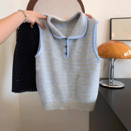 Chaleco Tejido a Rayas Azul y Blanco - Estilo Coreano Casual para Otoño - Image 4