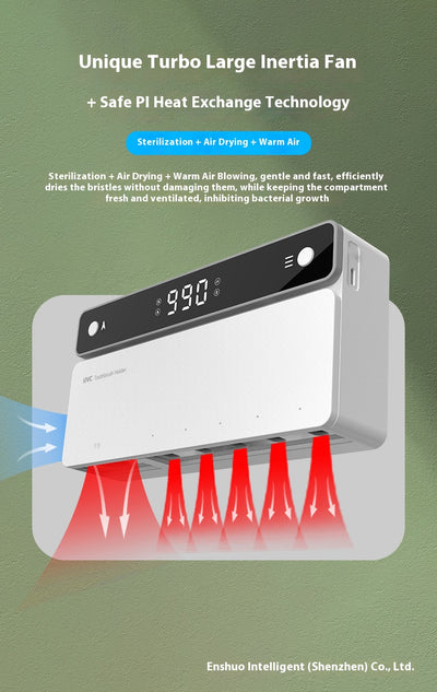 Black wall-mounted UVC toothbrush sterilizer with digital display, holding one manual and three electric toothbrushes. - Image 17
