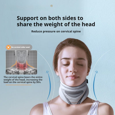 Pink bionic breathable neck guard for cervical vertebra care, designed to prevent bowing and neck leaning forward, shown with a grey storage bag.