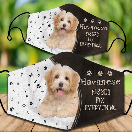 Cotton face mask with a Cavapoo dog graphic and "CAVOODLES KISSES FIX EVERYTHING" text. Features paw prints and bones. - Image 6