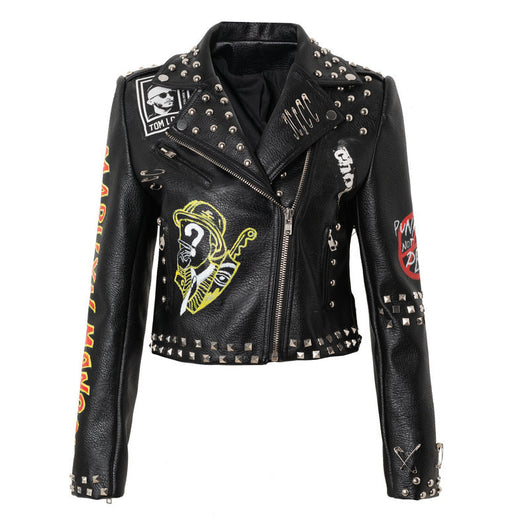 Chaqueta PU Ajustada con Estampado Graffiti y Tachuelas Metálicas para Mujer - Image 6