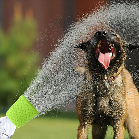 Lime green silicone pet shower head tool with a textured, non-slip surface and threaded interior for easy attachment.