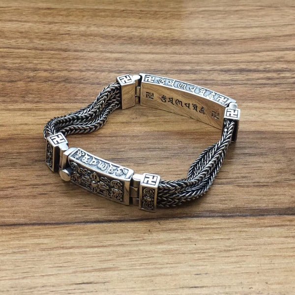 Pulsera de Plata Esterlina 925 para Hombre con Mantra de Seis Palabras