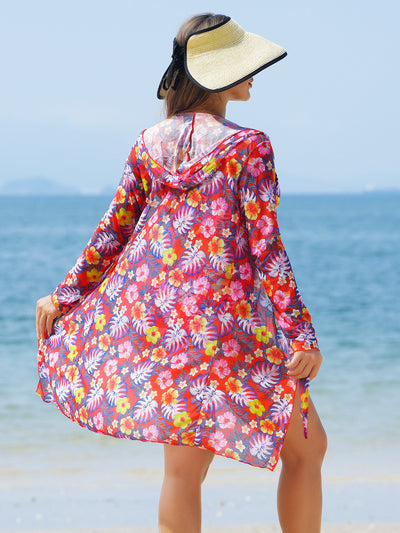 Woman in a red multicolor floral print three-piece swimsuit with high-waisted bikini and long-sleeve cover-up, straw hat, and sunglasses on a beach. - Image 18