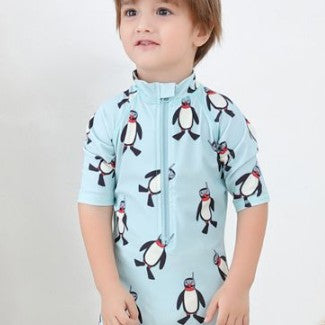 Traje de Baño Infantil Protección Solar Manga Larga con Gorro Pingüino