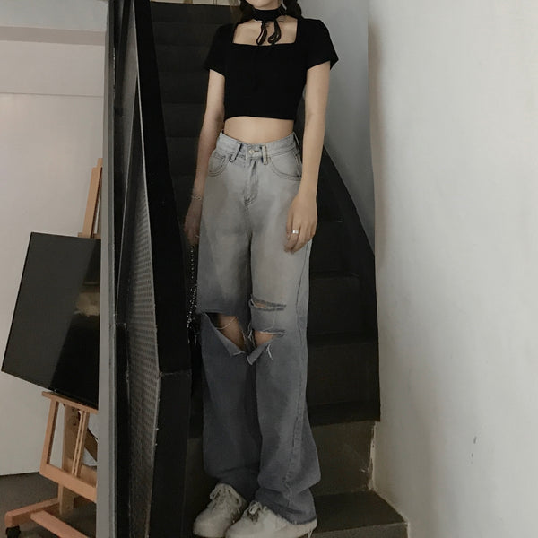 Pantalones Vaqueros Rotos Cintura Alta Pierna Recta Mujer
