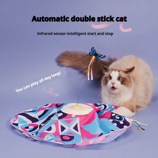 Electric cat toy with a colorful 52cm diameter cloth cover, a central base, and a rotating butterfly teaser.