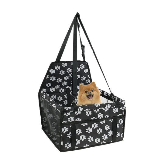 Light grey pet car booster seat with black mesh sides and adjustable straps, installed on a black and red car seat. - Image 20