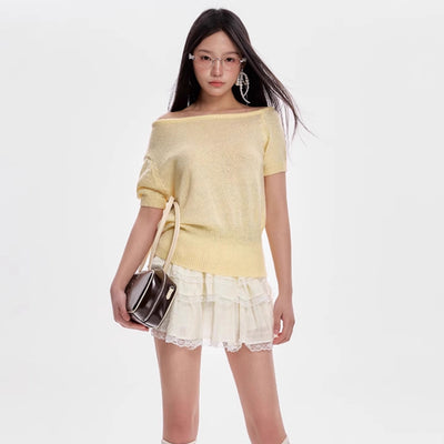 Blusa Tejida Escote Frío Manga Corta para Mujer