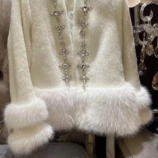 Abrigo Cardigan de Piel de Zorro con Cuentas Acolchado para Mujer - Image 9