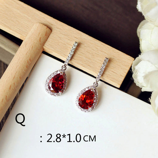 Aretes Largos de Novia con Rubí Rojo Paloma Talla Cuadrada Redonda - Image 3