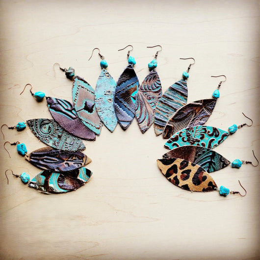 **Leather narrow Oval Earrings in Leopard w/ Turquoise Accent 206u