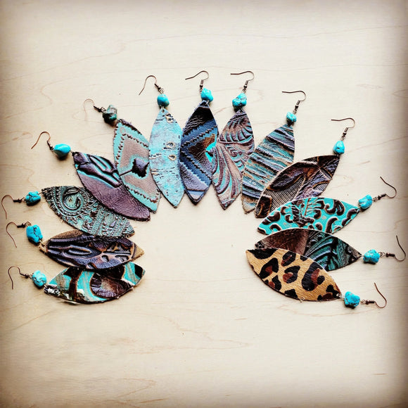 **Leather narrow Oval Earrings in Leopard w/ Turquoise Accent 206u