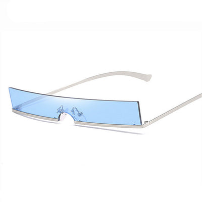 Frameless rectangular sunglasses with dark lenses and silver-colored metal temples, featuring an avant-garde style. - Image 7