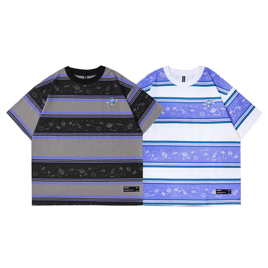 Playera Casual Holgada a Rayas para Hombre - Cuello Redondo Manga Corta