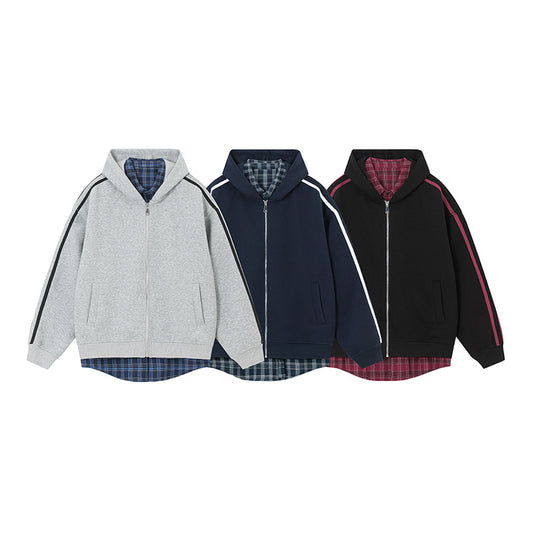 Cardigan Abrigo Cuadrillé con Capucha y Detalles Combinados