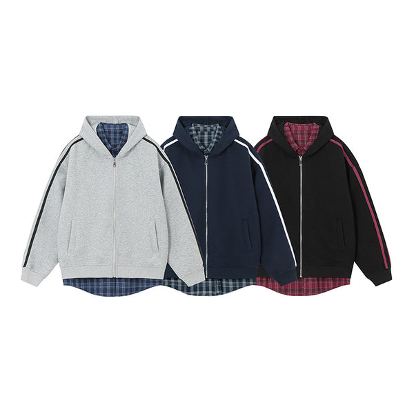 Cardigan Abrigo Cuadrillé con Capucha y Detalles Combinados