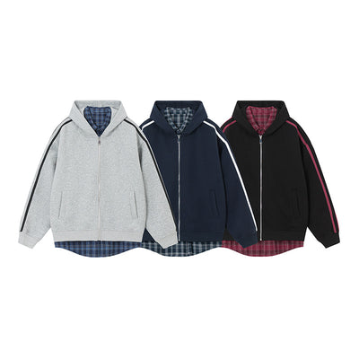 Cardigan Abrigo Cuadrillé con Capucha y Detalles Combinados