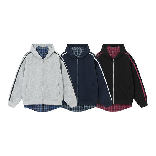 Cardigan Abrigo Cuadrillé con Capucha y Detalles Combinados