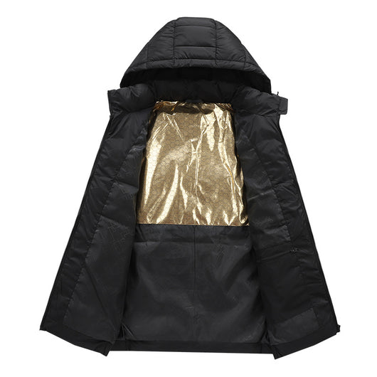 Man and woman modeling black smart heating puffer jackets with hoods, zippered pockets, and horizontal quilting. - Image 5