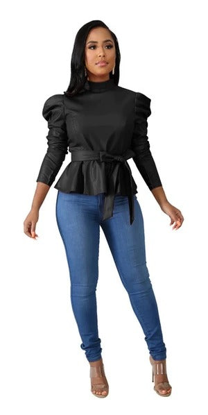 Blusa Cuello Alto Peplum en Cuero Genuino - Envío Gratis - Image 17