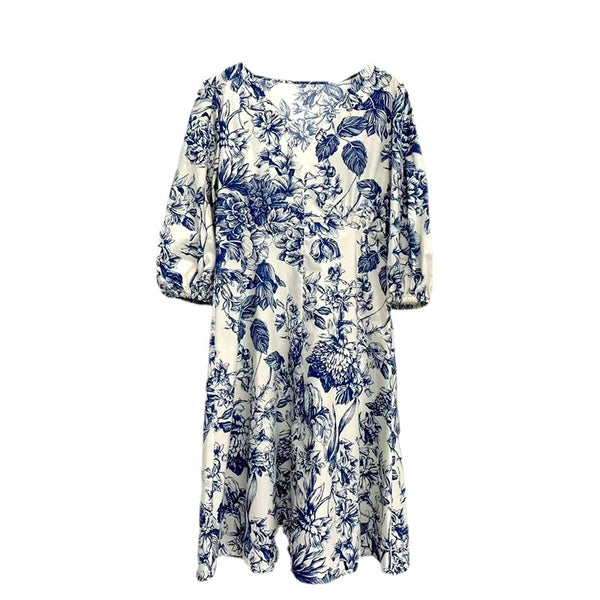 Vestido Azul y Blanco con Estampado Porcelana Chino - Cuello V Manga Media - Image 5
