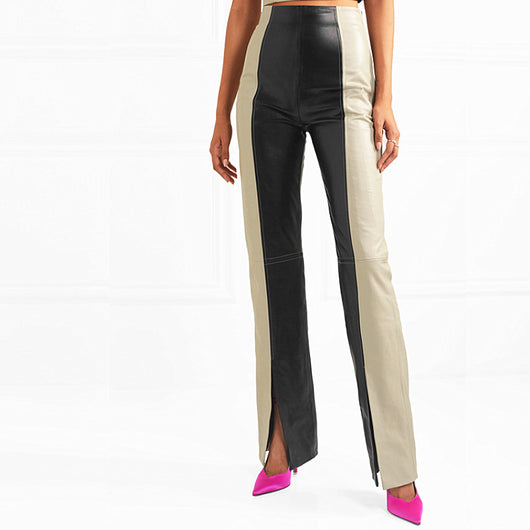 Pantalones PU Cuero Bicolor Cintura Alta Slim - Image 11