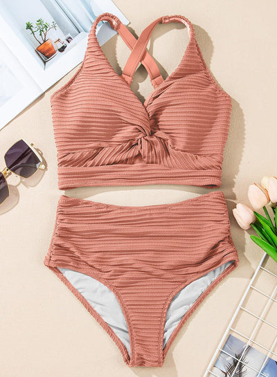 Women's teal ribbed two-piece swimsuit featuring a halter neck top with twisted front and high-waisted bottoms. - Image 28