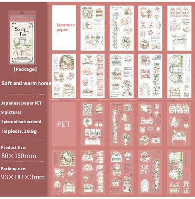 Soft Home Time Series decorative stickers featuring retro-style illustrations of furniture, books, and flowers. - Image 12