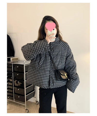 Chaqueta Puffer Cropped a Cuadros Suelta para Mujer - Image 23
