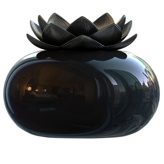 Black spherical aromatherapy humidifier with a lotus flower top, emitting mist, sitting on a gold decorative doily. - Image 6