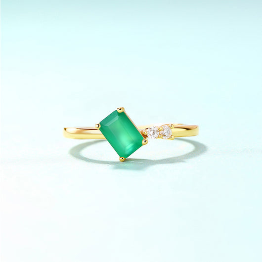 Anillo Cuadrado de Plata Esterlina con Ágata Verde y Baño de Oro 9K para Mujer