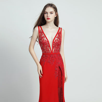 Vestido Largo de Encaje con Perlas - Estilo Temperamento Elegante