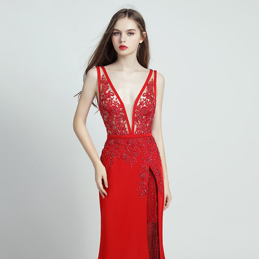 Vestido Largo de Encaje con Perlas - Estilo Temperamento Elegante